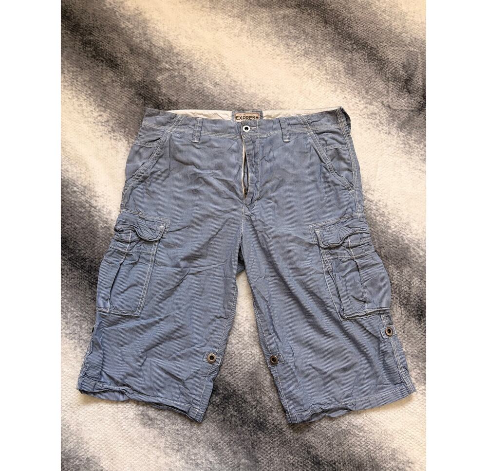 Express Men’s Cargo Shorts 34 Blue White Pinstripe Y2K 15" Inseam Knee Length